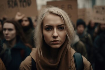Fototapeta premium Womans marching in protest with a group of protestors with their fist raised in the air as a sign of unity for diversity and inclusion. generative AI
