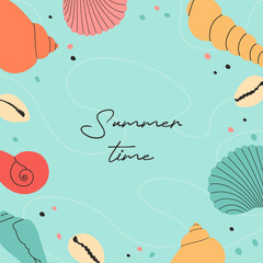 Summer modern background with hand draw colorful seashells, starfish and hand written text. Beautiful summer holidays poster. Vector templates for card, banner, invitation, social media post.