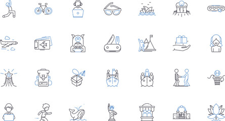 Conservation-focused travel line icons collection. sustainable, eco-tourism, responsible, preservation, wildlife, forest, ocean vector and linear illustration. sustainability,green,conservationist