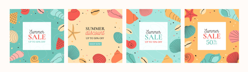 Fototapeta na wymiar Summer sale banner template. Set of summer modern backgrounds with hand draw colorful seashells, starfish. Beautiful summer holidays posters. Vector templates for cards, invitation, social media post.