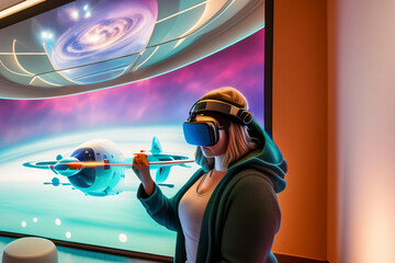 Woman dives into spacy Metaverse worlds with VR glasses