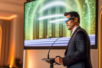 Metaverse Digital Virtual Reality Technology - a man wearing virtual reality glasses that connect him to virtual space