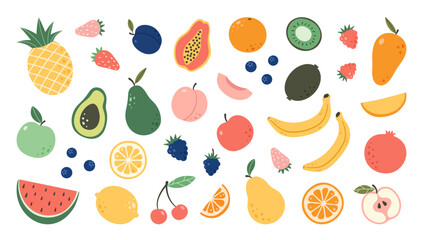 Set hand drawn colorful doodle fruits. Natural tropical fruits. Apple, peach, lemon, banana, pomegranate, pineapple, pear, avocado, plum. Organic, vegan food illustration.