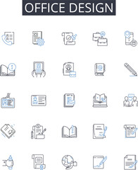 Office design line icons collection. Home decor, Website development, Digital marketing, Web design, Business planning, Graphic design, Creative writing vector and linear illustration. Brand identity
