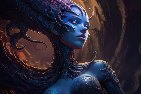 Beautiful alien girl, alien princess wearing golden armor, Fantasy creation. Generative AI illustration