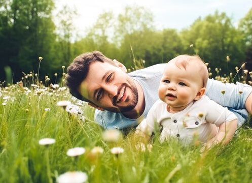 Young father with cute little baby cuddling in a springtime meadow. High quality generative ai