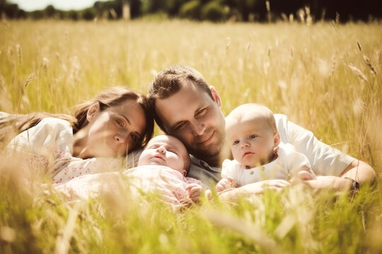 Young happy family with twin cute babies cuddling in a meadow, summertime. High quality generative ai