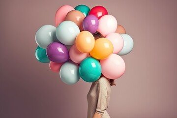 Woman at the pastel background holding colorful balloons. Conceptual and surreal artwork. Created with generative AI