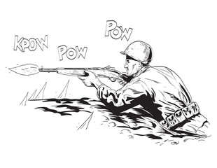 Comics style drawing or illustration of a World War Two American GI soldier aiming firing rifle in foxhole viewed from side on isolated background done in black and white retro style.