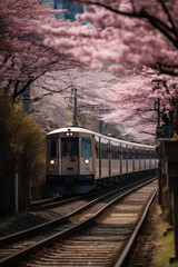 Cherry blossoms bloom along the railway line in Kyoto, Japan, and the scenery of local trains running on the rails.