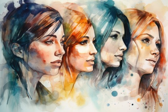 Happy women group for International Women’s day , watercolor style illustration by Generative Ai