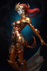 Fototapeta na wymiar Beautiful alien girl, alien princess wearing golden armor, Fantasy creation. Generative AI illustration