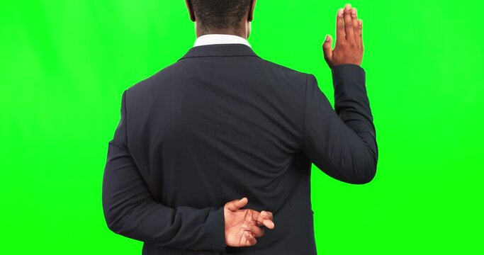 Oath, fingers crossed behind back and man on green screen with a liar, scam and fraud with hand gesture. Male show hands for testimony while dishonest, lying and corruption or deceit in court