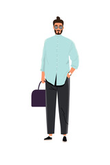 vector illustration of a man carrying a briefcase and wearing a watch in fashionable Muslim clothing.