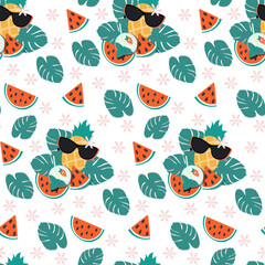 Bright seamless summer pattern of pineapple in sunglasses, watermelon slices and cocktail with mint