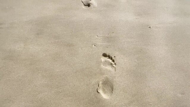 Footprints in the sand on the beach. The camera follows footprints in a large sand dune on the beach. 4k resolution video.
