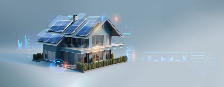 futuristic generic smart home with solar panels rooftop system for renewable energy concepts as wide banner with copyspace area - Generative AI