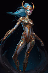 Beautiful alien girl, alien princess wearing golden armor, Fantasy creation. Generative AI illustration