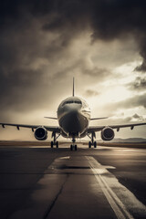 Fototapeta na wymiar Commercial aircraft taxiing on runway under dramatic sky.