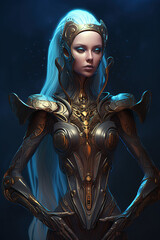 Beautiful alien girl, alien princess wearing golden armor, Fantasy creation. Generative AI illustration