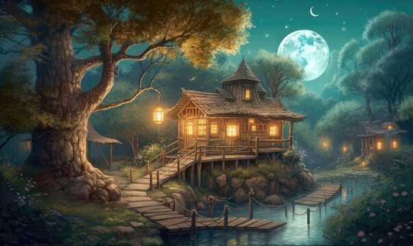 Tree Moon House Garden Generative Ai