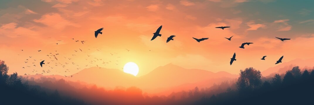 Abstract beautiful peaceful summer sky background; sunrise new day and flying flock of birds. AI generative