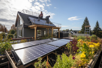 Naklejka premium Workers are laying solar panels on the roof.