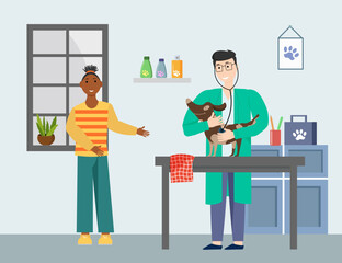 The girl at the reception in the veterinary clinic. The doctor examines the puppy. Vector illustration. People and animals. For flyers, covers, advertising, posters, veterinary clinics and shops