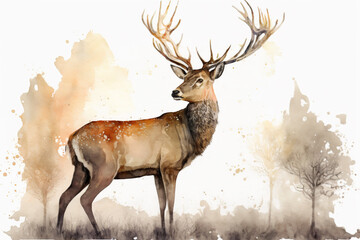 Generative AI. illustration of watercolor deer, white background, eye contact. Digital art.