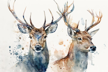 Naklejka na ściany i meble Generative AI. illustration of watercolor deer, white background, eye contact. Digital art.