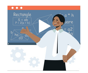 Video lesson concept. Man stands at blackboard with geometric formulas. Teacher conducts lecture or webinar on Internet. Distance education and learning. Cartoon flat vector illustration