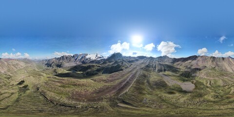 360 aerial photo taken with drone of valley near Rainbow Mountain in Cusco, Peru.