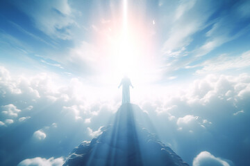 Fototapeta premium An image of an angel with outstretched hands, enveloped in dazzling light and ascending to the heavens. Generative AI 