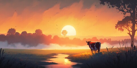 Cow in Meadow landscape, sunset, dusk. Anime style watercolor as background. illustration painting. Generative AI.	
