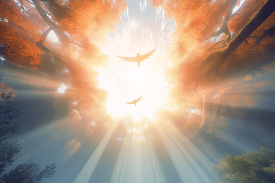 An image of an angel with outstretched hands, enveloped in dazzling light and ascending to the heavens.  Generative AI 