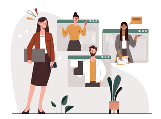 Team leader concept. Woman in suit with briefcase communicates with partners via video communication. Remote employee or freelancer. Efficient workflow and meeting. Cartoon flat vector illustration