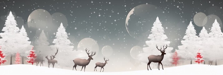 Christmas greeting card or banner design with santas reindeer and snowy tree decoration. AI generative