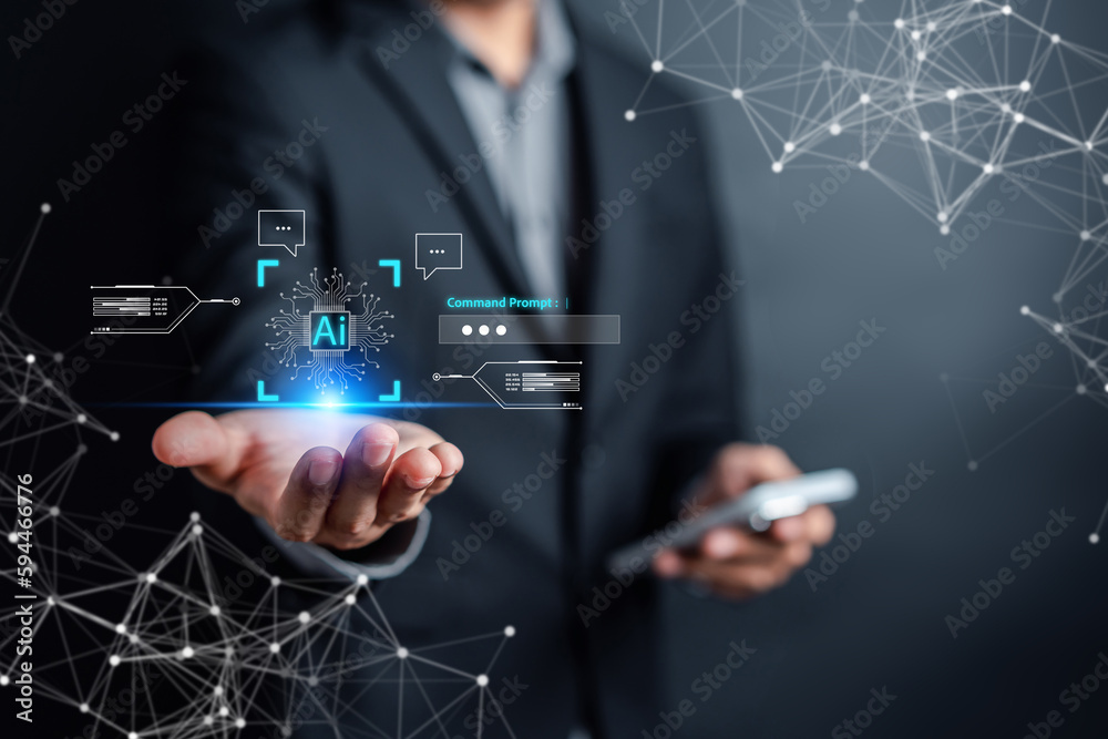 Leinwandbilder Ai Technology System. Businessman using chat bot intelligence Ai. Chat with AI Artificial Intelligence, developed by OpenAI generate. Futuristic technology, robot in online system.