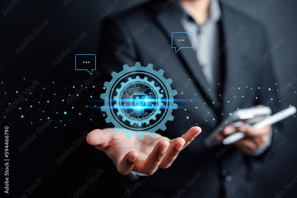 Poster Ai Technology System. Businessman using chat bot intelligence Ai. Chat with AI Artificial Intelligence, developed by OpenAI generate. Futuristic technology, robot in online system.