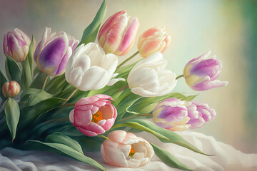 Delicate tulips bouquet. Background for postcards. Generative AI