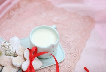 A cup of milk for breakfast, Mother's Day, background, photo, for greeting