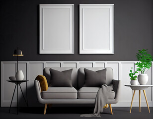 Folky illustration of blank picture frame mockup on gray wall. Modern scandinavian living room with sofa, min. concept. Two vertical templates for artwork or poster. Interior design, generative ai