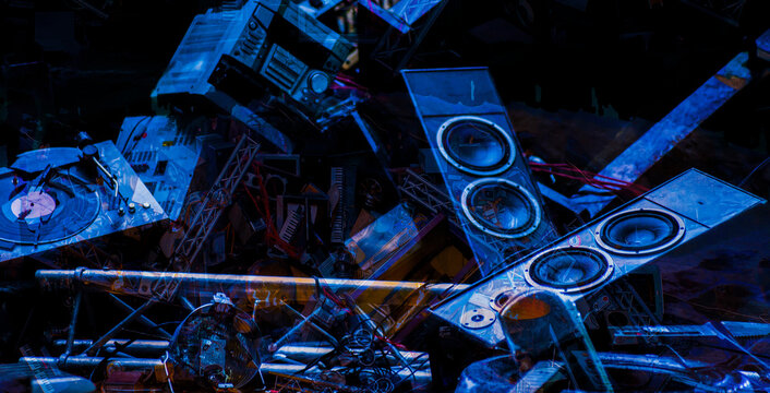 abstract background with broken musical instruments and equipment
