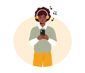 Man at headphones with phone. Young guy with smartphone in his hands stands and listens to music. Music lover listens to his favorite playlist with songs. Cartoon flat vector illustration