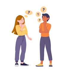 Man and woman thinking. Young couple looking for answers to questions, discussing. Communication and interaction. Teamwork and brainstorming. Cartoon flat vector illustration