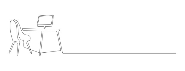 Office desk with desktop and chair in one continuous line drawing. Stylish furniture for home office room interior in simple linear style. Editable stroke. Doodle outline vector illustration