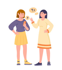 Obraz premium Two girls thinking. Schoolchildren and teenagers with smartphone looking for information and answers on Internet. Communication and interaction, brainstorming. Cartoon flat vector illustration