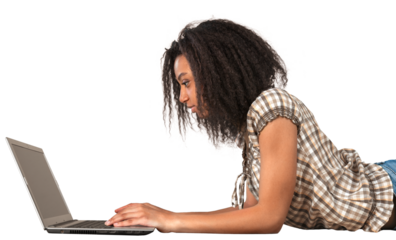 Woman Lying Down on The Floor with Laptop - Isolated