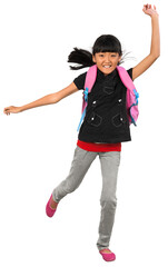 Young Asian girl wearing a backpackand looking exciting