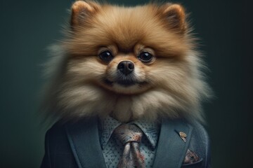 Anthropomorphic dog of the Pomeranian breed dressed in a suit like a businessman. Business Concept. AI generated
